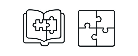 Puzzle piece in book and completed puzzle icons illustration vector line icon illustration