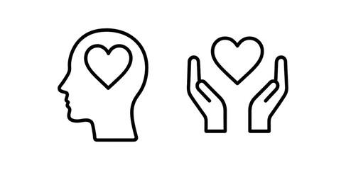 Heart and mind connection symbol with heart in hands icon vector line icon illustration