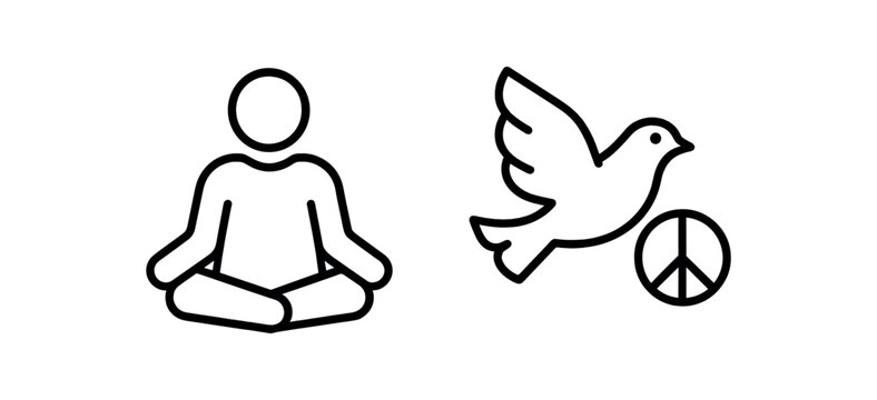 Meditation and peace symbols: yoga pose and dove with peace sign vector line icon illustration