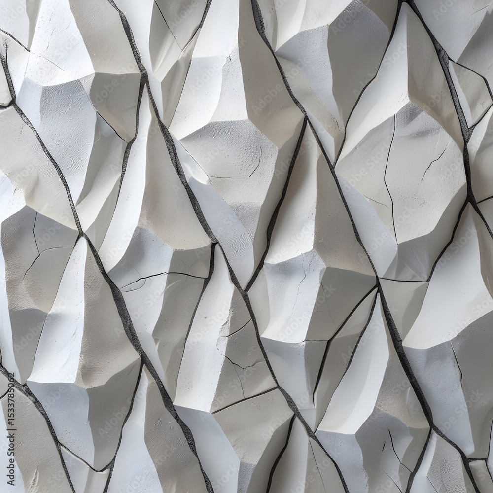 Poster a wall with textured white tiles features an abstract geometric pattern with irregular ridges and bu