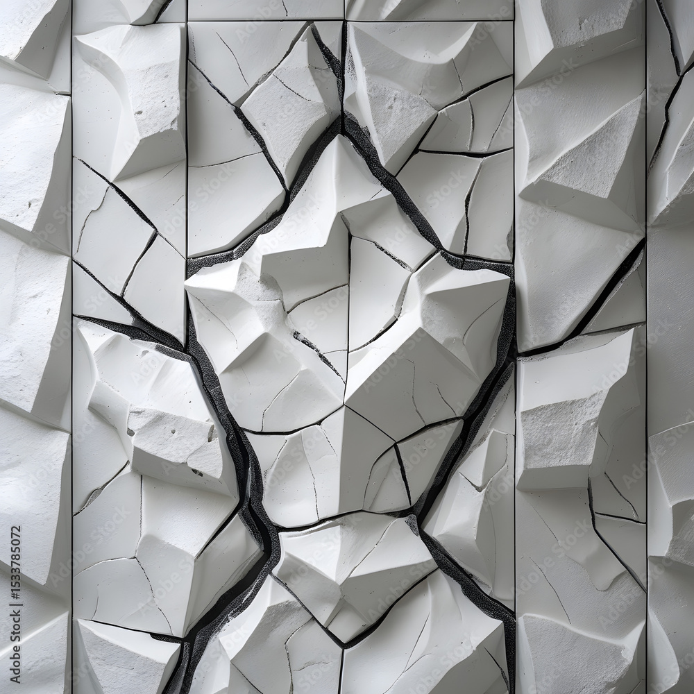 Poster a wall with textured white tiles features an abstract geometric pattern with irregular ridges and bu