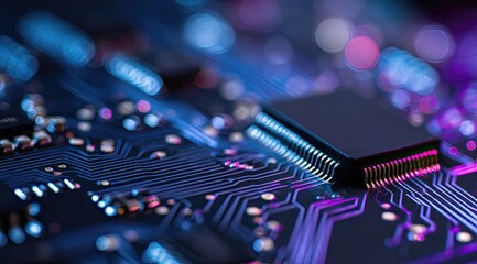 Close-up of circuit board with microchip.  Intricate network of conductive traces and components highlighted with vibrant blue and purple