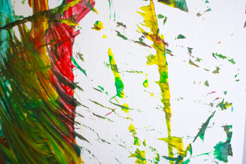 Abstract background with acrylic or oil paints on canvas. Pink, blue, green, red, yellow.