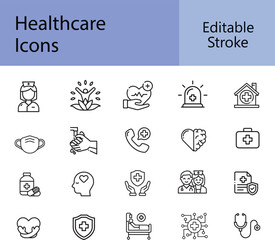 Healthcare icons, editable stroke, isolated on white background
