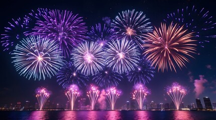 Spectacular Fireworks Display Over City Skyline at Night