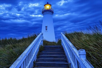 Lighthouse at twilight. Steps lead to a white lighthouse against a dramatic blue sky