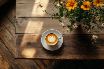 Heart Latte Art Coffee on Rustic Wooden Table with Warm Sunlight and Yellow Flowers in Cozy Café Setting.
