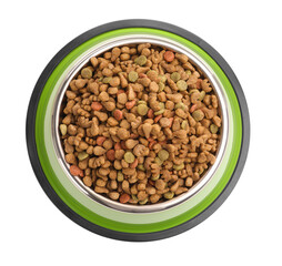 Dry pet food in feeding bowl isolated on white, top view