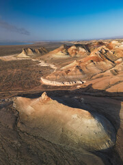 Aerial view over Aktumsik Cape's peaks near the vanished Aral Sea shoreline