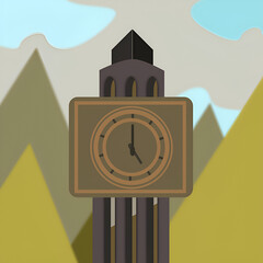 Clock tower illustrated with mountains in background image