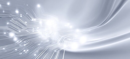 Abstract circuit board design in light gray and white.  A dynamic, flowing image of interconnected circuit lines with subtle glowing points of light