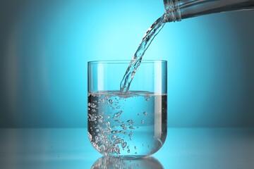 Pouring water from bottle into glass on mirror table against light blue gradient background. Backlit
