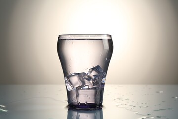 Fresh water with ice cubes in glass on mirror table against gray gradient background