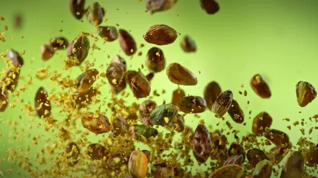 Super Slow Motion Shot of Peeled and Crushed Pistachio Nuts Flying Up at 1000fps.