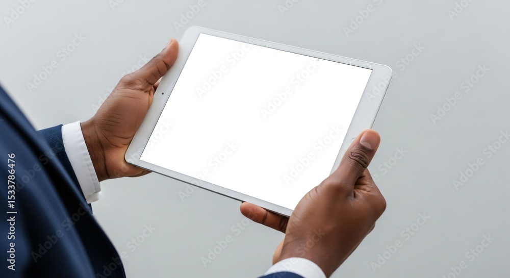 Poster man using a digital tablet with a blank white screen, touching it with his index finger. modern tech