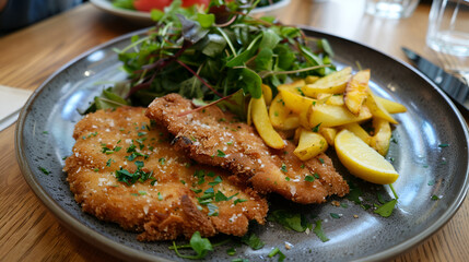A beautifully presented plate of Wiener schnitzel with a crispy golden breadcrumb crust, served with lemon slices, isolated on a transparent background, Generative AI