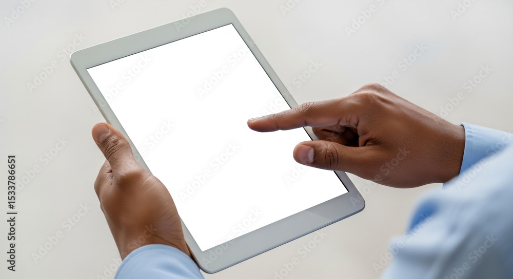 Poster man using a digital tablet with a blank white screen, touching it with his index finger. modern tech