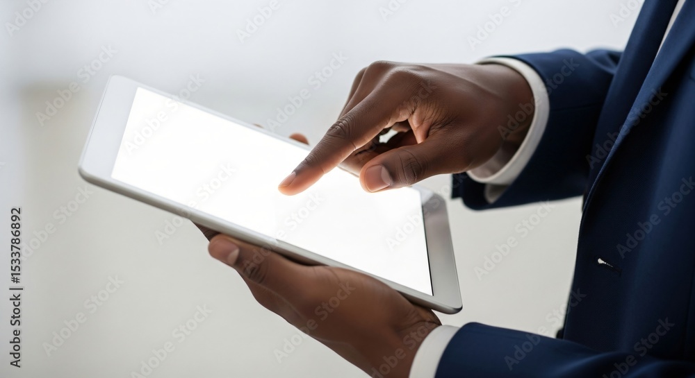 Poster man using a digital tablet with a blank white screen, touching it with his index finger. modern tech