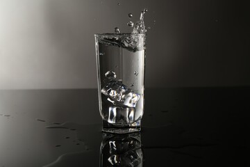 Fresh water splashing out of glass on mirror table against gray background