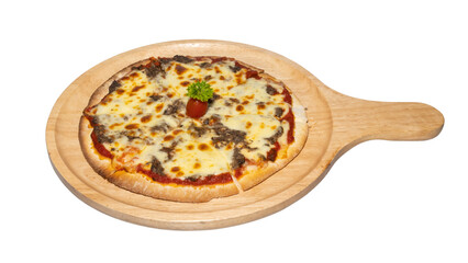 Mixed Mushroom Truffle Pizza on Wooden Tray, Topped with Cherry Tomato and Parsley