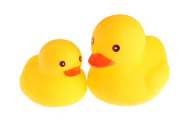 Cute rubber ducks isolated on white. Children's toy