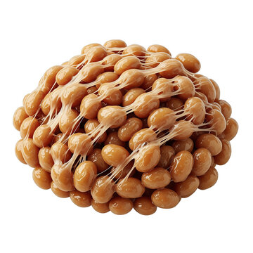 A mound of glistening natto beans, bound by sticky strands, isolated on transparent background