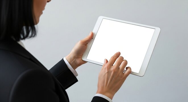 Woman touching tablet screen with finger. Businesswoman using digital tablet. Digital device and online communication concept.