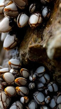 Goose barnacles attached to a rock, forming a dense cluster on the rough surface of the geological formation, focus on shells, texture, pattern.