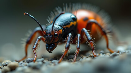 Fototapeta premium Close up macro photography of a beetle insect with black and orange exoskeleton on rocky ground view