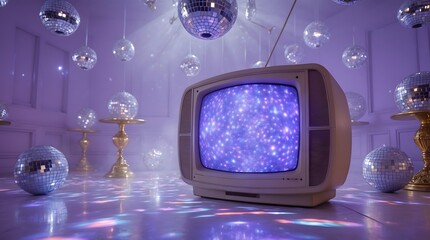 Retro Television in a Sparkling Purple Disco Room Vintage Aesthetic Photography