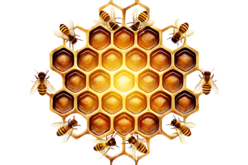 Golden honeycomb with busy bees isolated on a white background