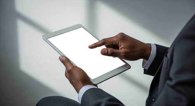 African american man in a suit using a digital tablet with a white blank screen, touching with finger. Business technology concept.