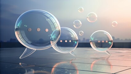 Creative communication bubbles in modern cityscape digital art inspirational atmosphere