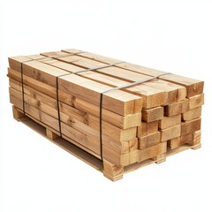 Wooden beams stacked on pallet isolated on white background
