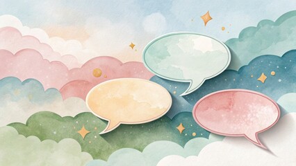 Creative conversation bubbles digital artwork soft pastel clouds whimsical design inspirational theme