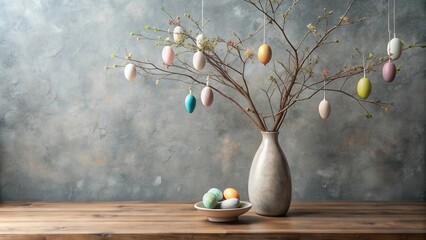 Pastel Easter eggs hanging from a branch in a vase on a wooden table