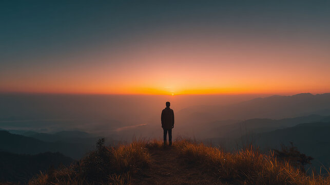 A traveler standing on a hilltop looking at sunrise