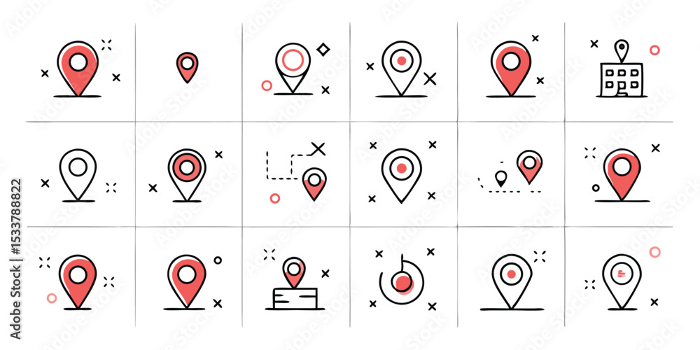 Poster collection of red location pin icons displaying various designs and navigation concepts