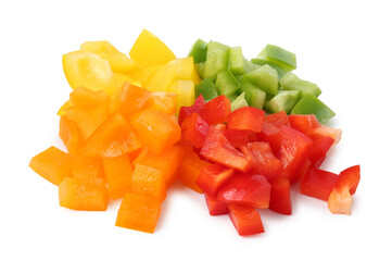 Pieces of fresh colorful bell peppers isolated on white