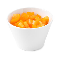 Pieces of fresh orange bell peppers in bowl isolated on white