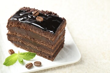 Piece of chocolate cake served with mint on white table, closeup. Space for text