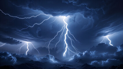 Spectacular lightning strikes illuminate dramatic dark storm clouds over distant mountains