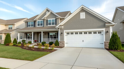 A perfect neighbourhood. Houses in suburb at Summer in the north America. Luxury houses with nice landscape, A beautiful suburban house with grey siding and a large white garage door