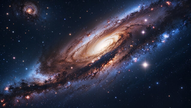 Fototapeta Spectacular spiral galaxy with stellar clusters floating in the expansive universe and stars