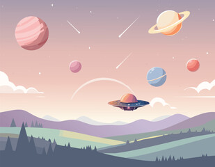 A cosmic landscape with stars, planets and a starship