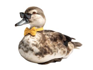 A duck wearing sunglasses and a yellow bow tie isolated on a transparent background