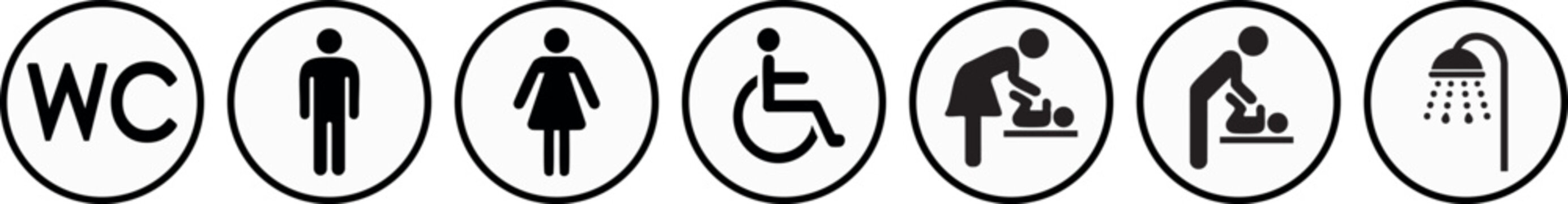 WC toilet icons. Human male or female signs. Baby change table room, disabled symbol.
