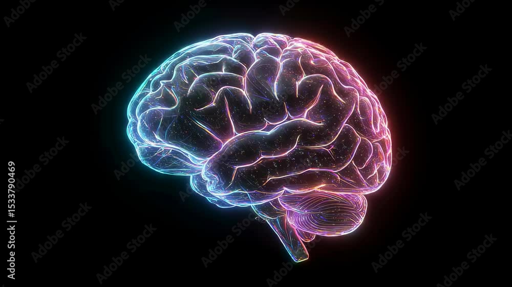 Poster human brain illuminated with glowing neural network lines. artificial intelligence, machine learning