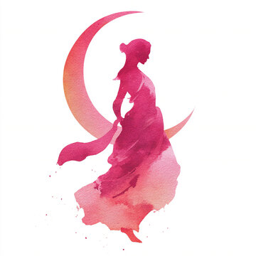 A lone watercolor radiant Parvati with a crescent moon and pink sari
