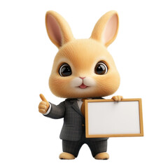 Obraz premium Cute Rabbit Character in Suit Holding Blank Sign for Messages